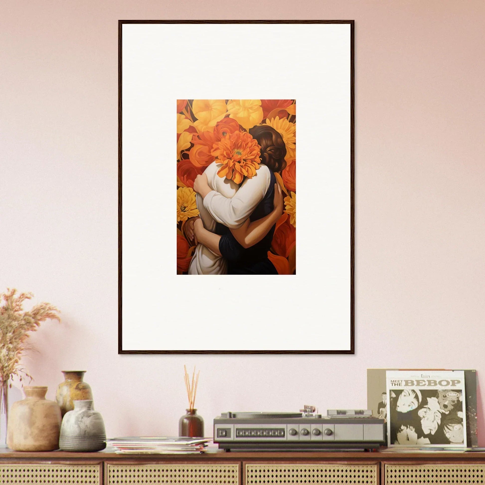 Framed canvas print of two figures embracing with autumn leaves for room decoration