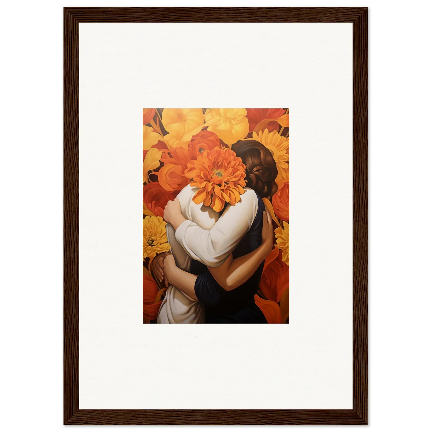 Framed canvas print of a floral euphoria embrace with two figures and an orange flower