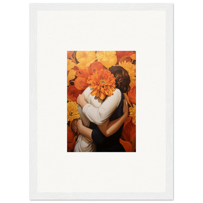 Framed canvas print of euphoria embrace with a bright orange flower in room decoration