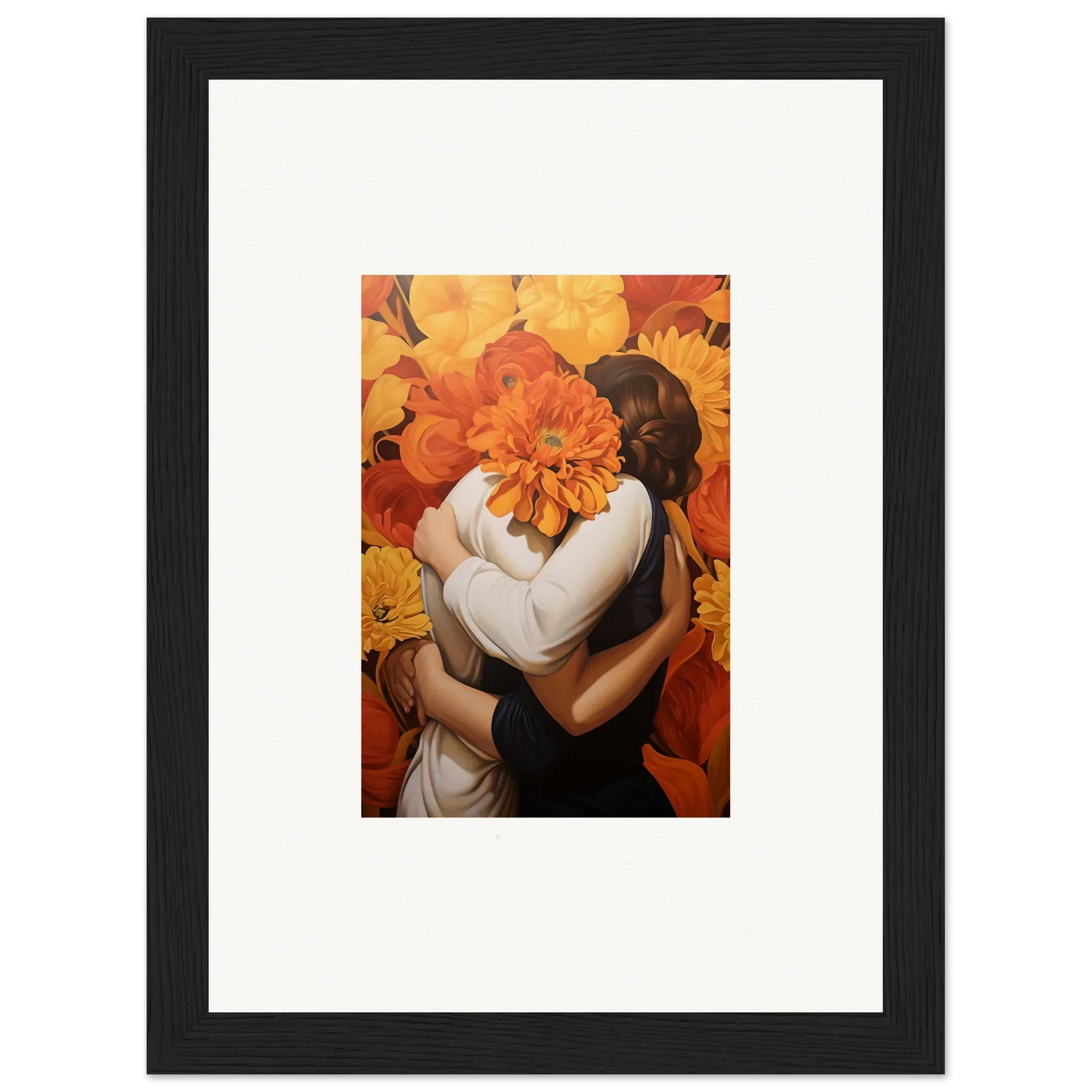 Framed canvas print showcasing Floral Euphoria Embrace with figures and an orange flower