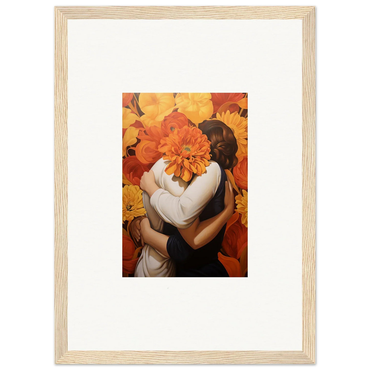 Framed canvas print of two figures in a floral euphoria embrace for room decoration