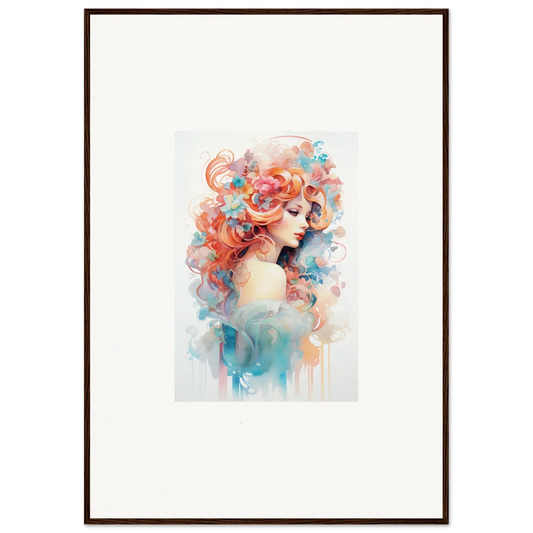 Watercolor portrait with coral and turquoise hair for Floral Haircuetics special edition art™