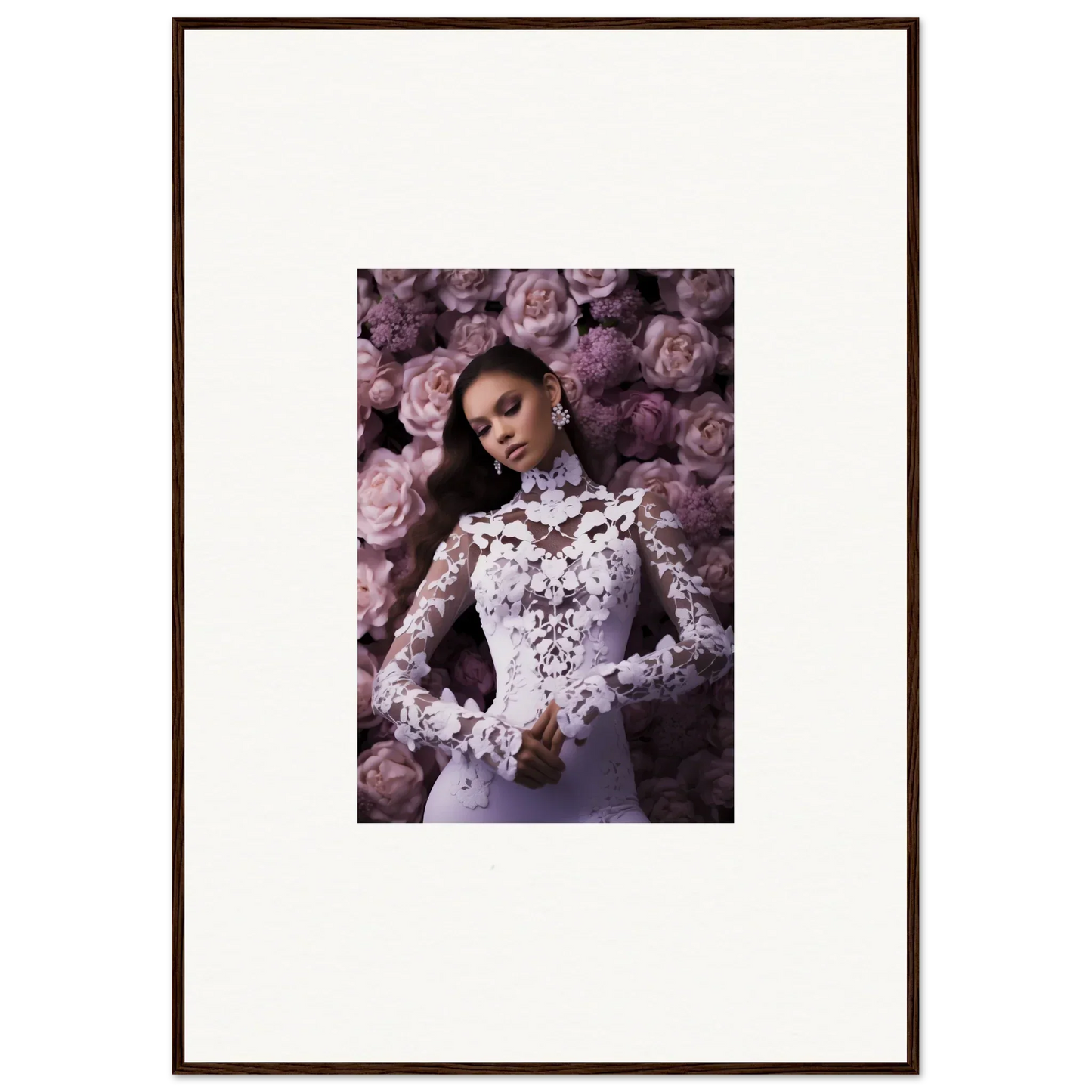 Framed wall art of a woman in a lace wedding dress with purple flowers in memory mosaic