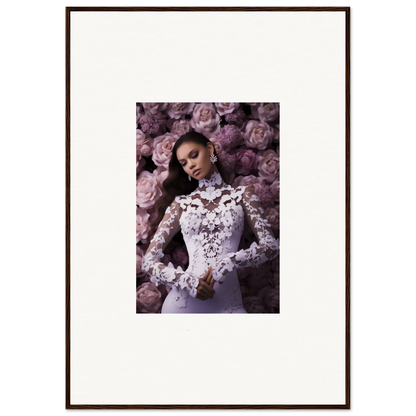 Framed wall art of a woman in a lace wedding dress with purple flowers in memory mosaic