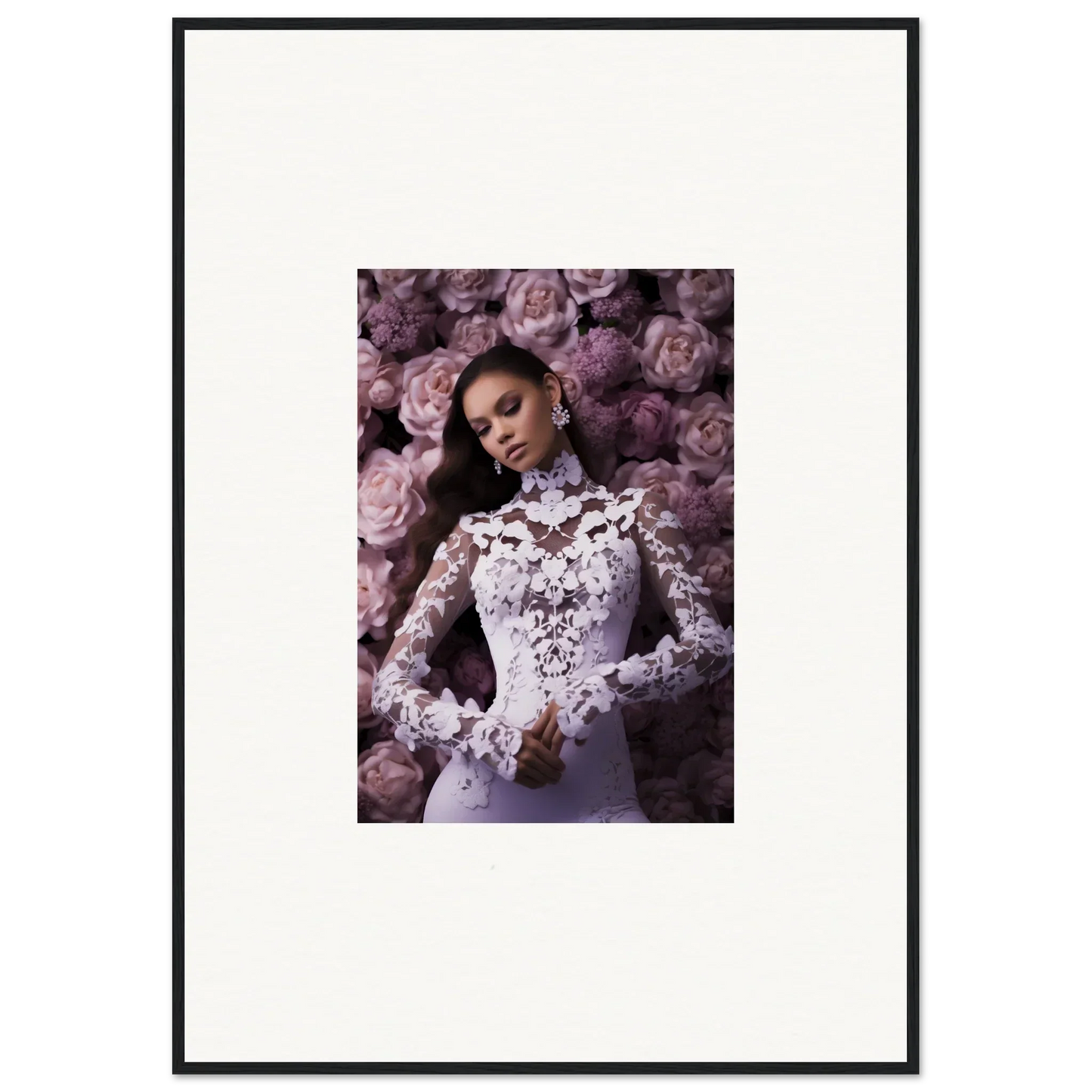 Framed wall art of a woman in a lace wedding dress with a floral memory mosaic backdrop