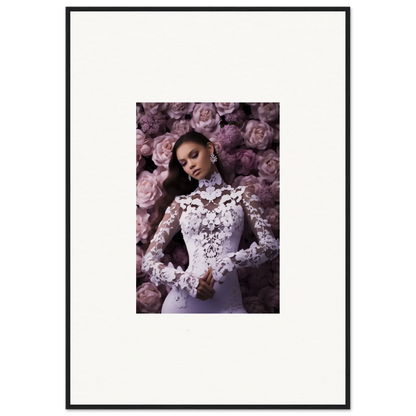 Framed wall art of a woman in a lace wedding dress with a floral memory mosaic backdrop