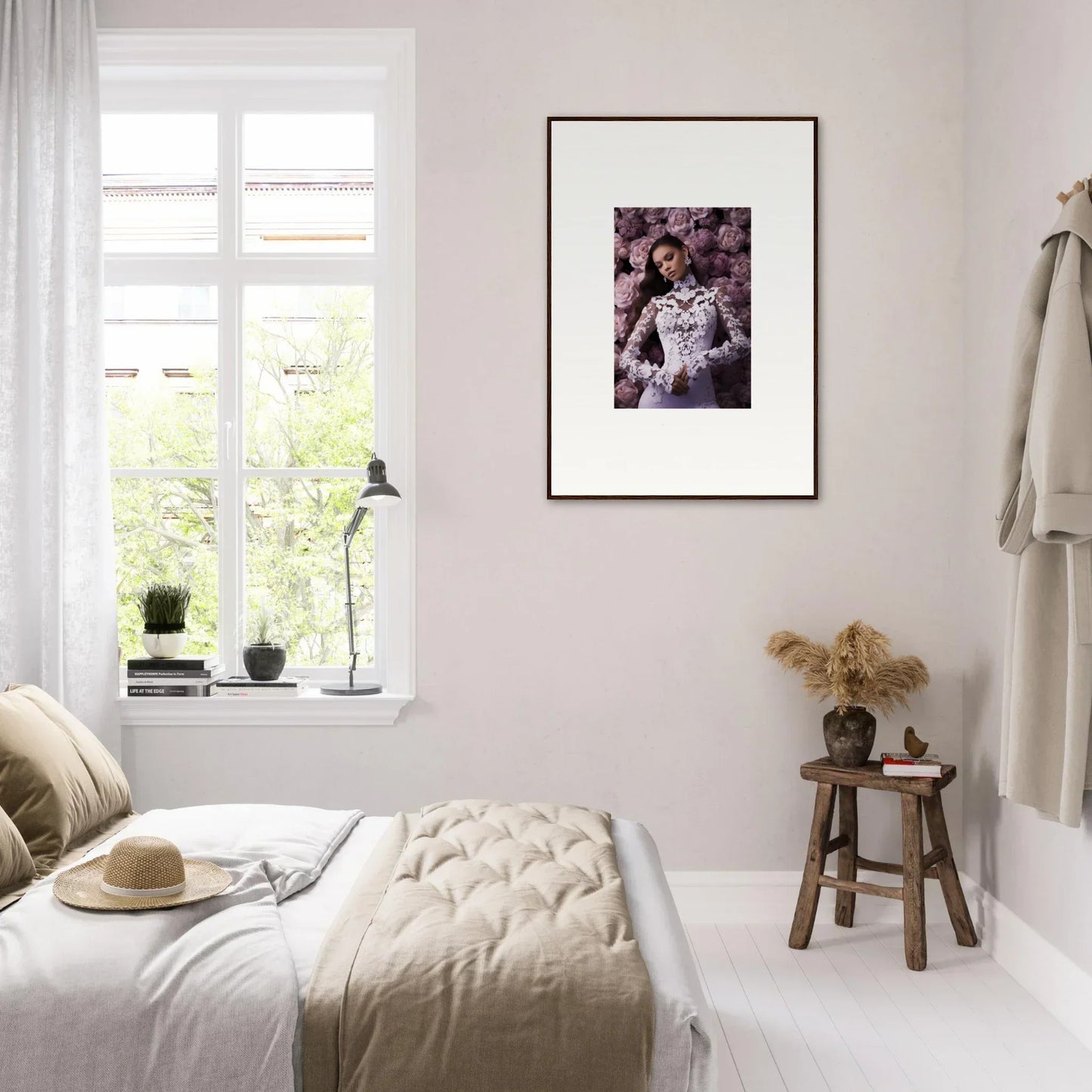 Cozy bedroom featuring white bedding and Floral Memory Mosaic framed wall art