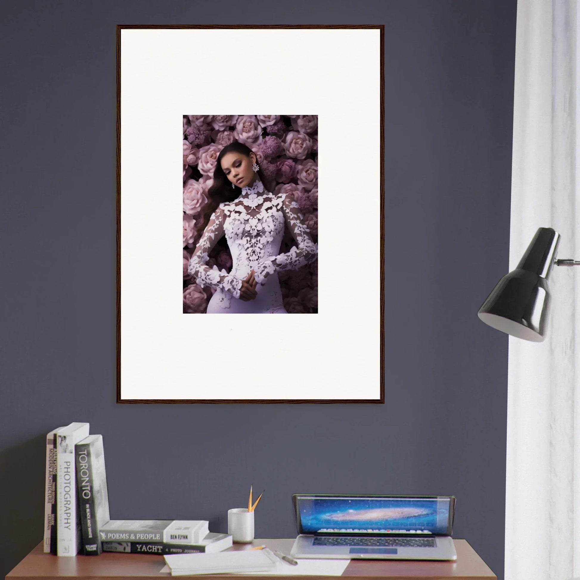 Framed wall art of a woman in white dress with purple flowers, perfect for memory mosaic room decor