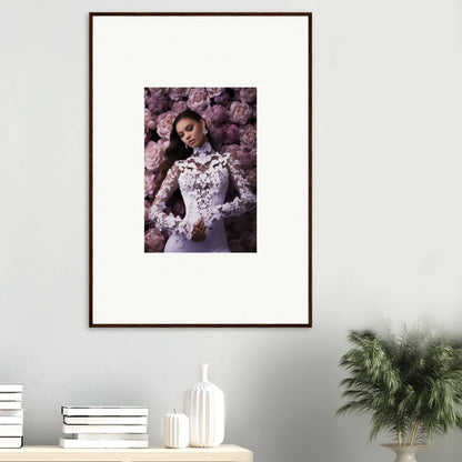 Framed wall art of a woman in lace dress with purple flowers for elegant room decor