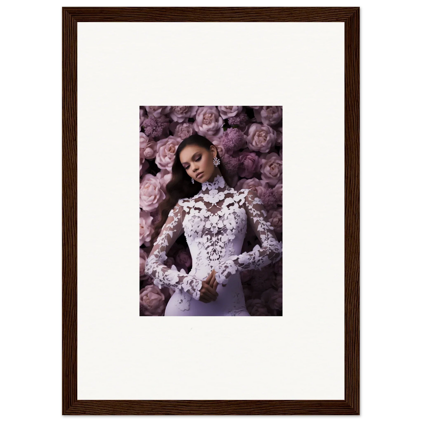 Framed wall art of a woman in a lace dress amid purple flowers for room decor