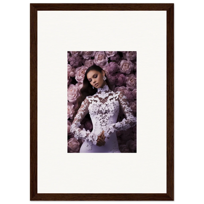 Framed wall art of a woman in a lace dress amid purple flowers for room decor