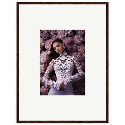 Framed wall art of a woman in lace dress with purple flowers for memory mosaic room decor