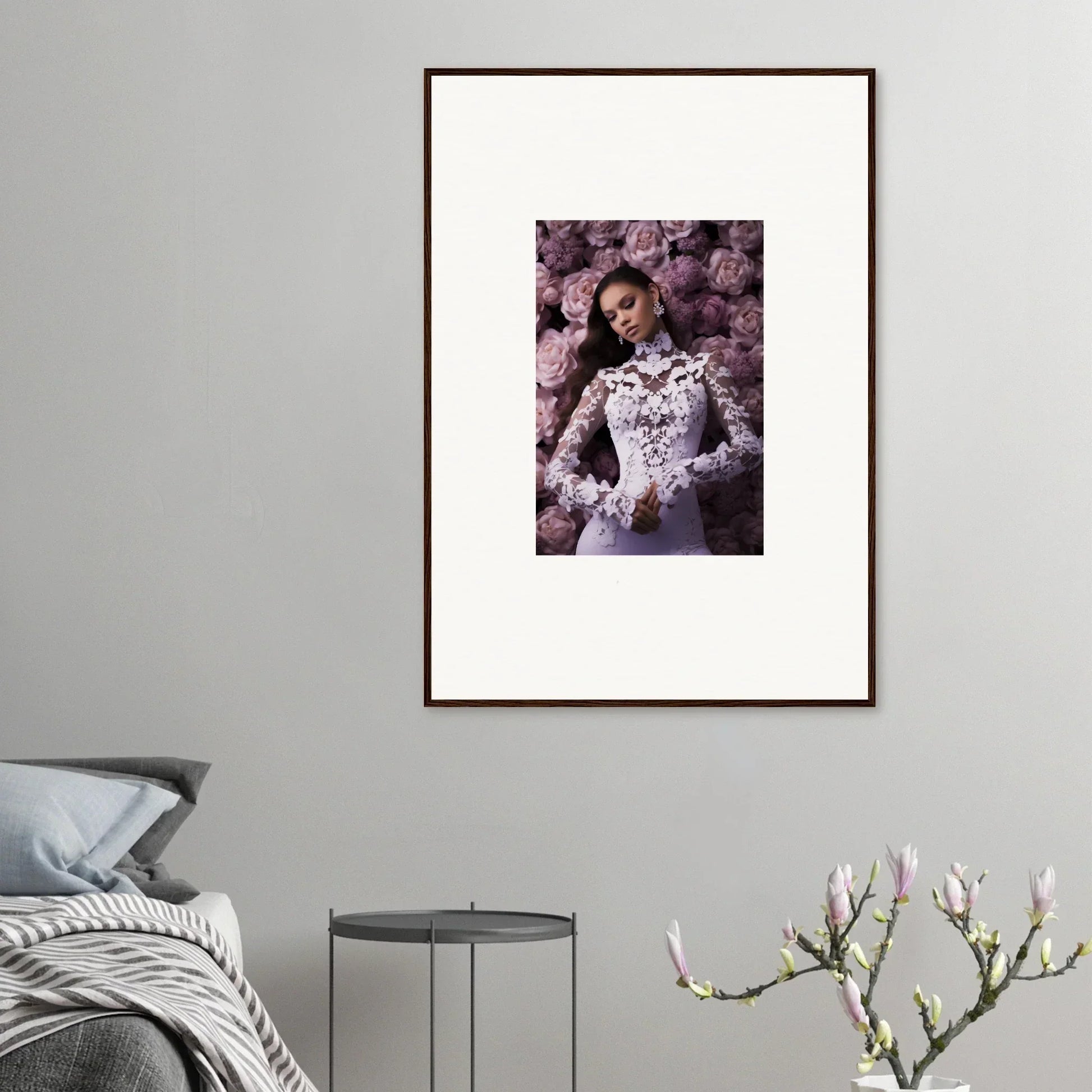 Framed wall art of a person in white lace dress with purple flowers for memory mosaic room decor