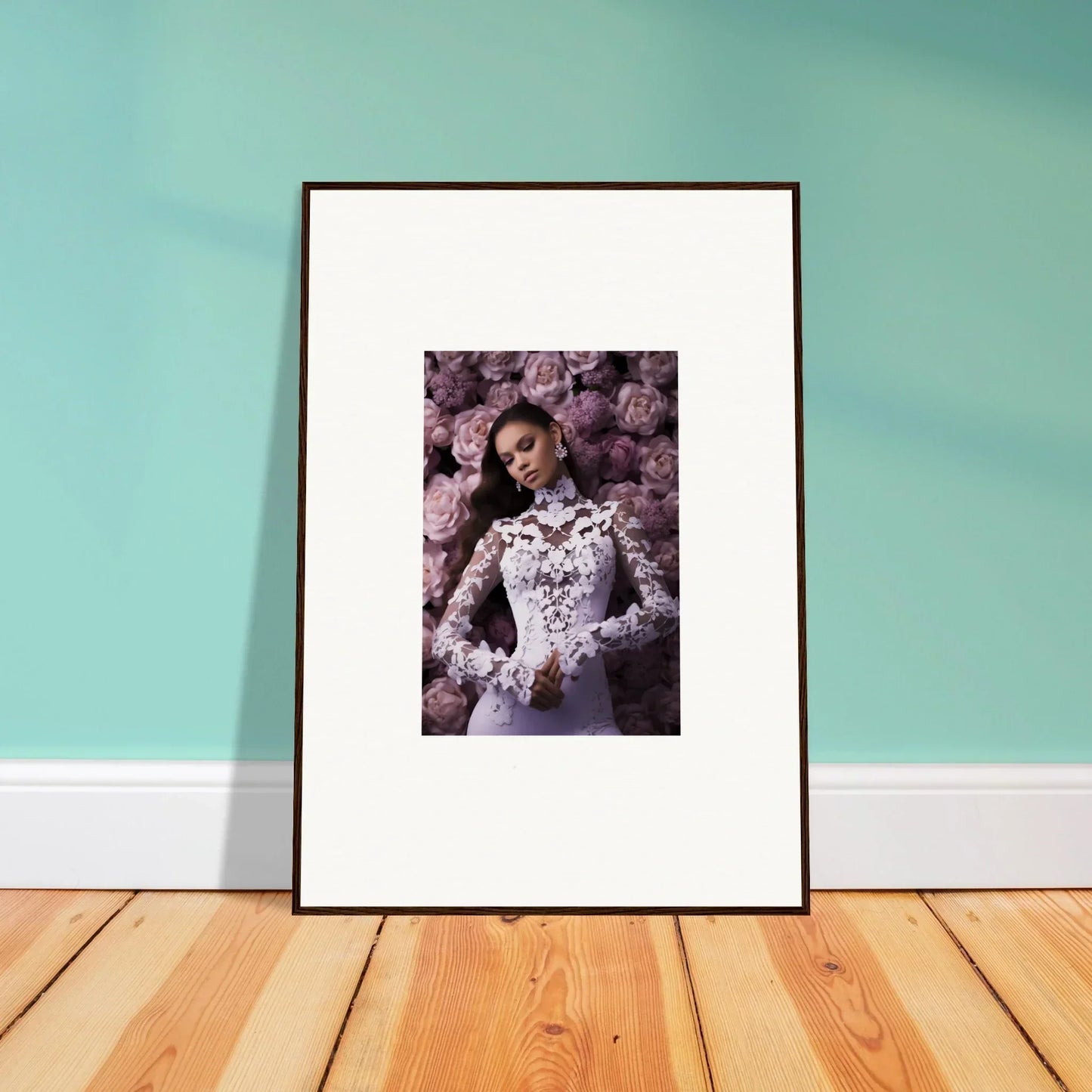 Framed black-and-white photograph of a woman in a lace wedding dress for room decor