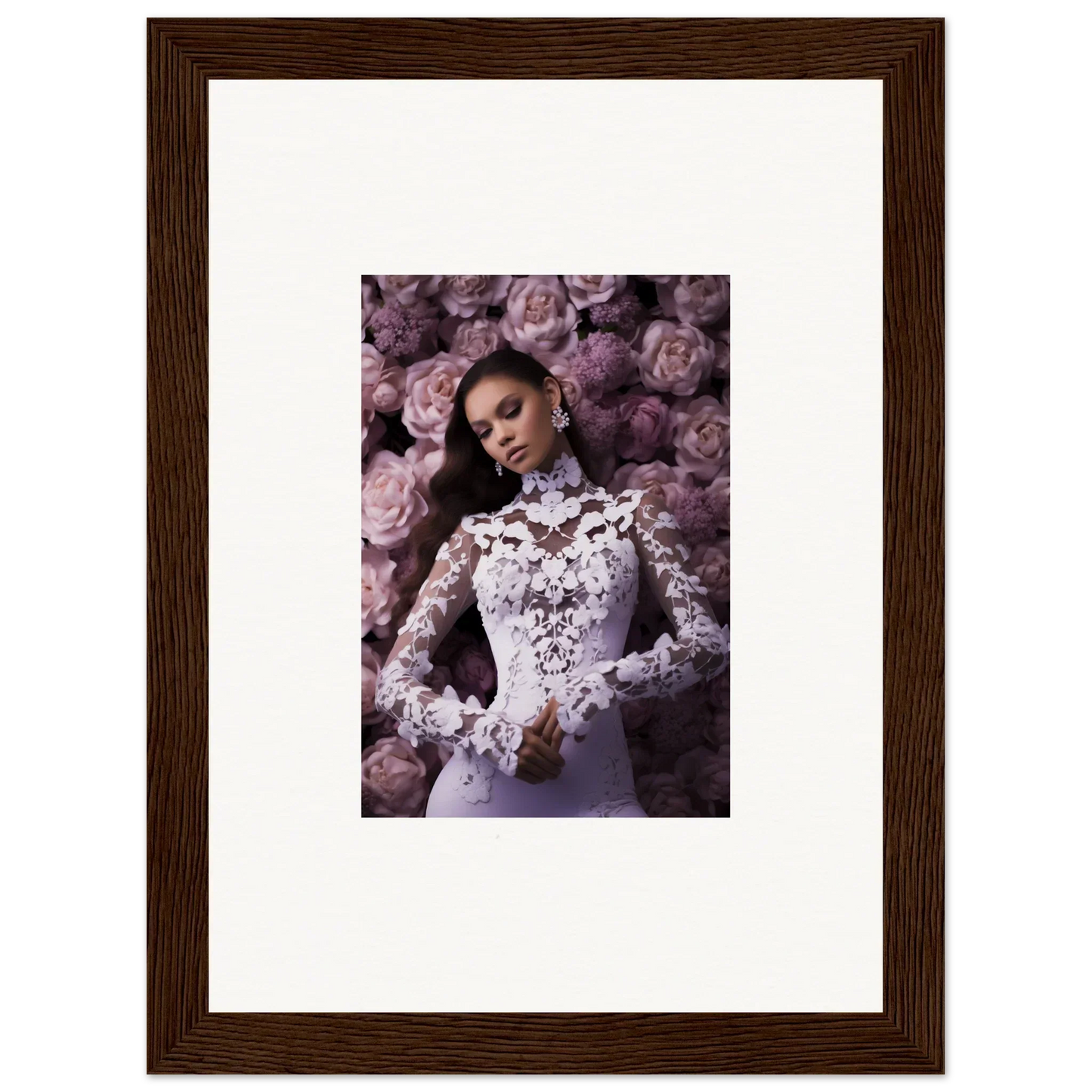 Framed wall art of a woman in a lace wedding dress, perfect for memory mosaic room decor