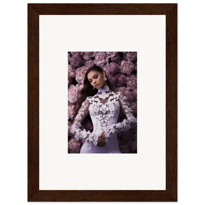 Framed wall art of a woman in a lace wedding dress, perfect for memory mosaic room decor