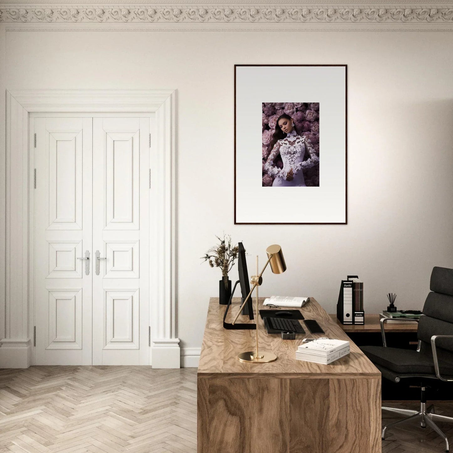 Wooden desk with typewriter and books in minimalist workspace for memory mosaic room decor