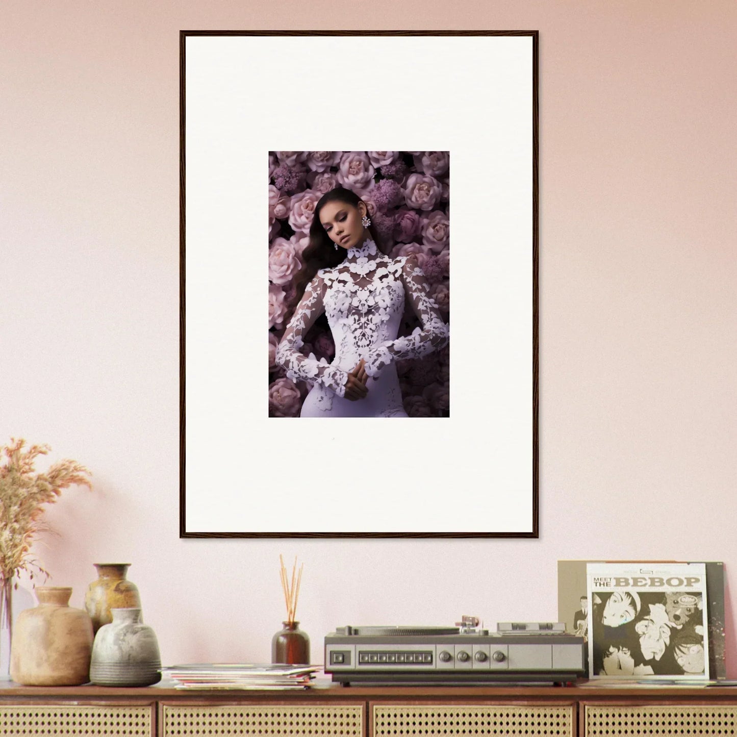 Framed wall art of a woman in white dress among purple flowers for memory mosaic room decor