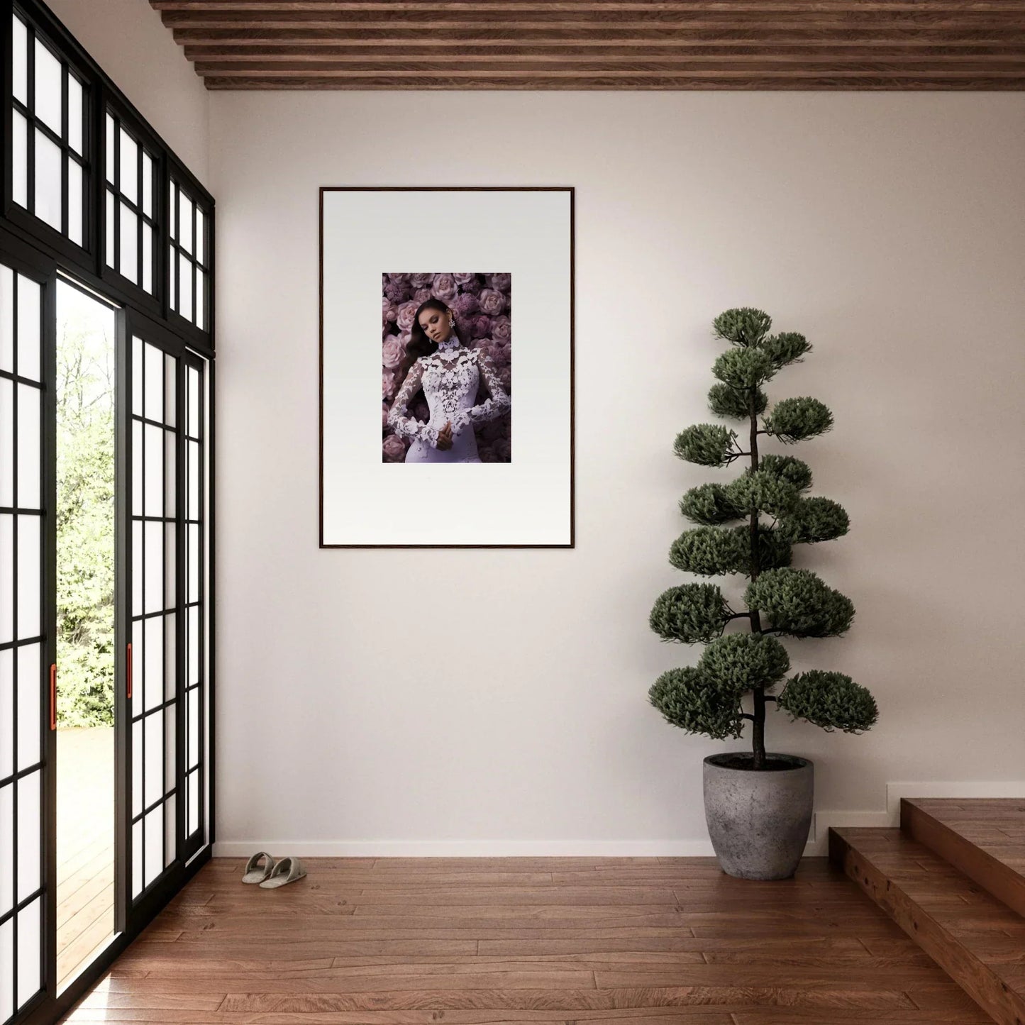 Framed wall art of a person surrounded by purple flowers for unique room decor