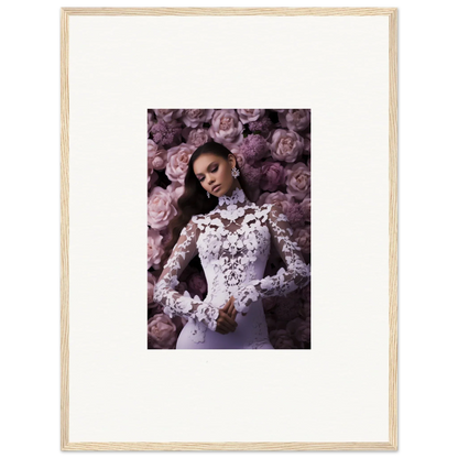 Framed wall art of a woman in a white lace dress surrounded by purple flowers in memory mosaic