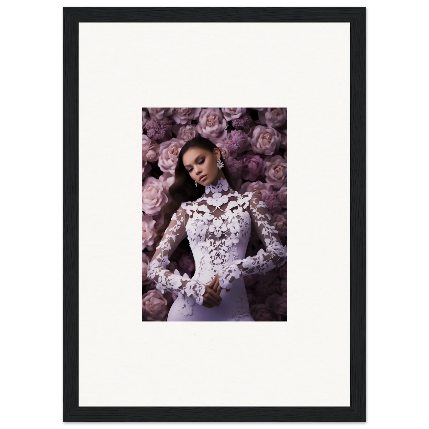 Framed wall art of a woman in a lace wedding dress with purple roses, memory mosaic decor