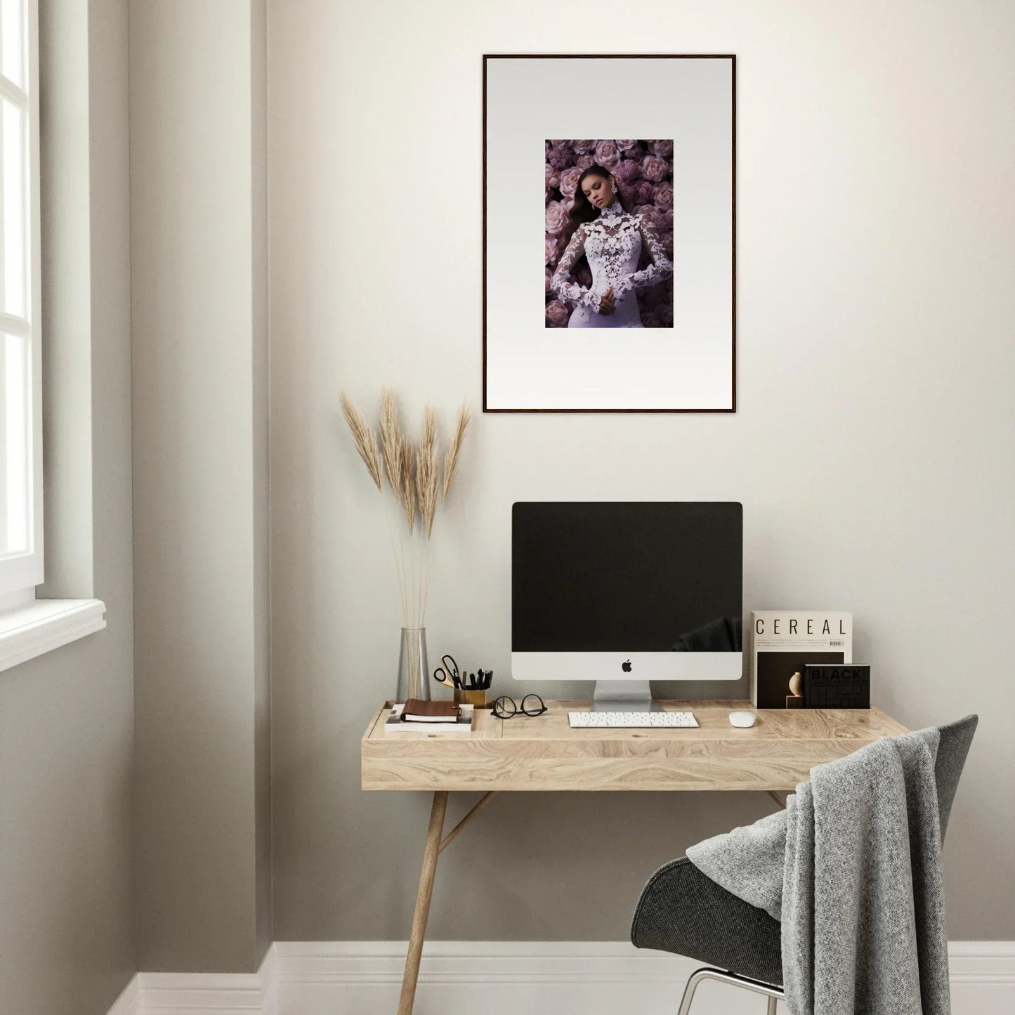 Minimalist wooden desk with computer monitor and office accessories for stylish room decor