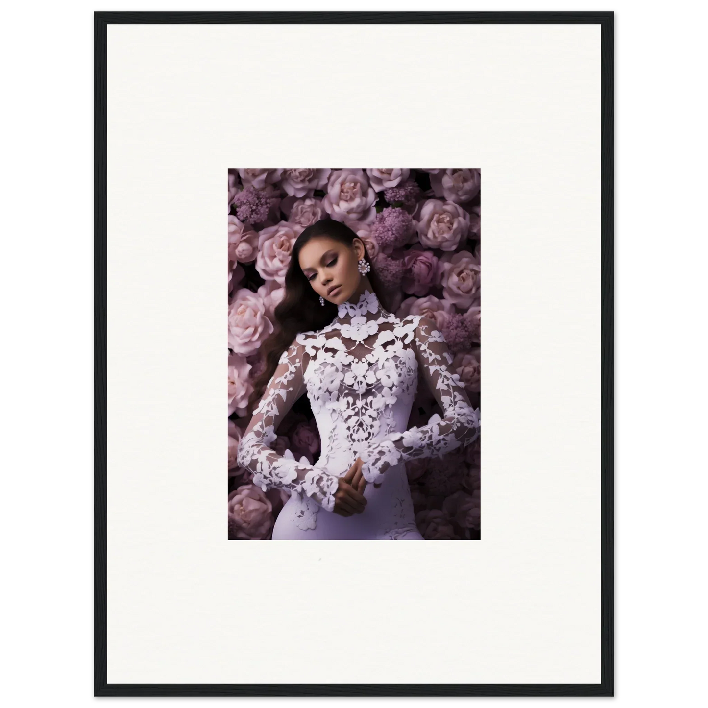 Framed wall art of a woman in a lace wedding dress amidst purple flowers for memory mosaic decor