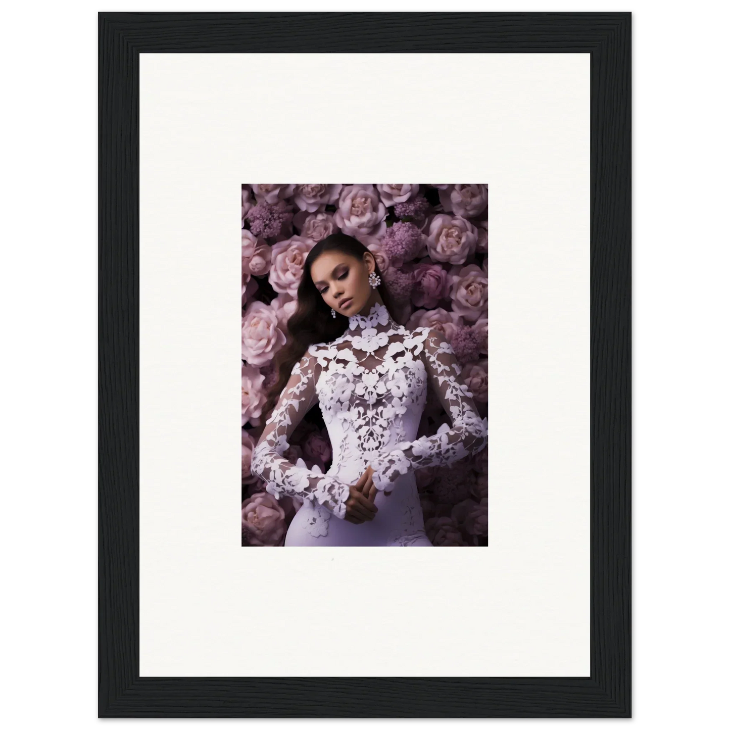 Framed wall art of a woman in lace dress among purple flowers for stylish room decor