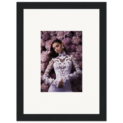 Framed wall art of a woman in lace dress among purple flowers for stylish room decor