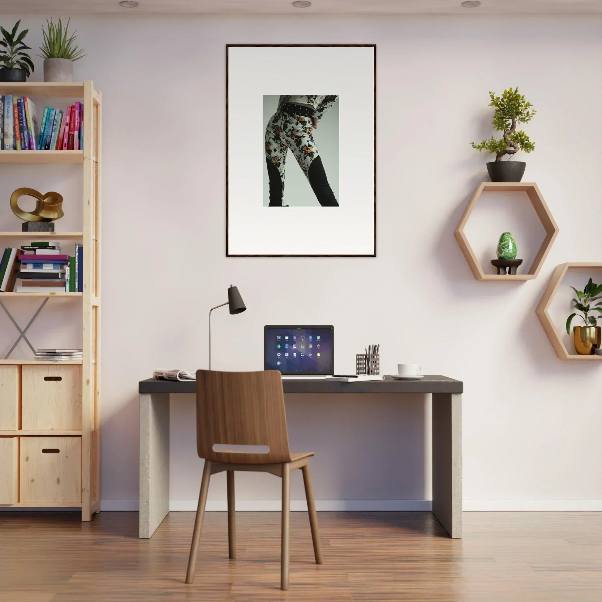 Minimalist home office workspace with a desk, chair, and decorative wall shelves.