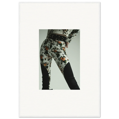 Floral-patterned pants or leggings worn on a person’s lower body.