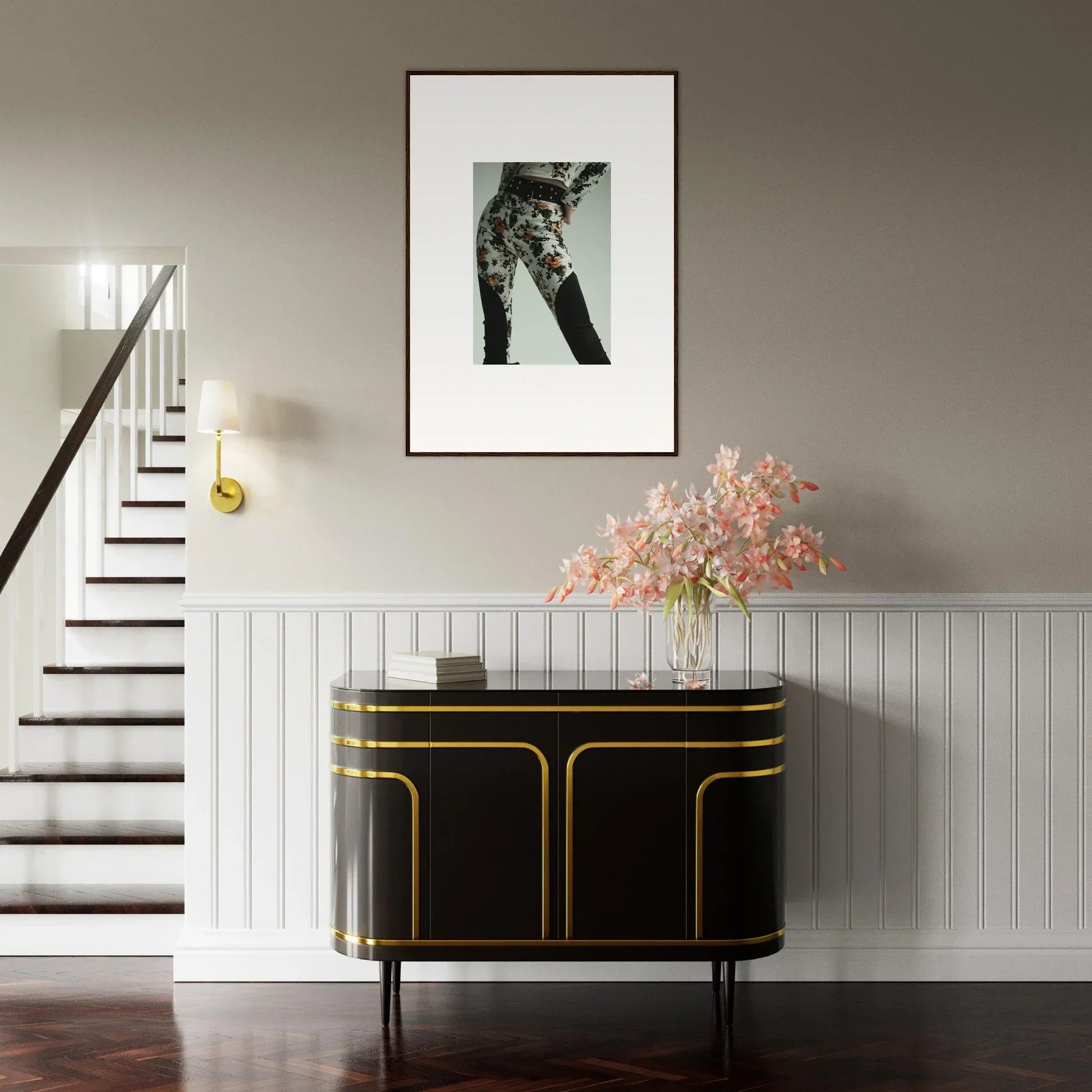 Elegant black and gold sideboard with curved edges and sleek design.