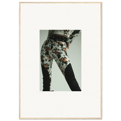 Pair of patterned leggings or tight pants with a floral design.