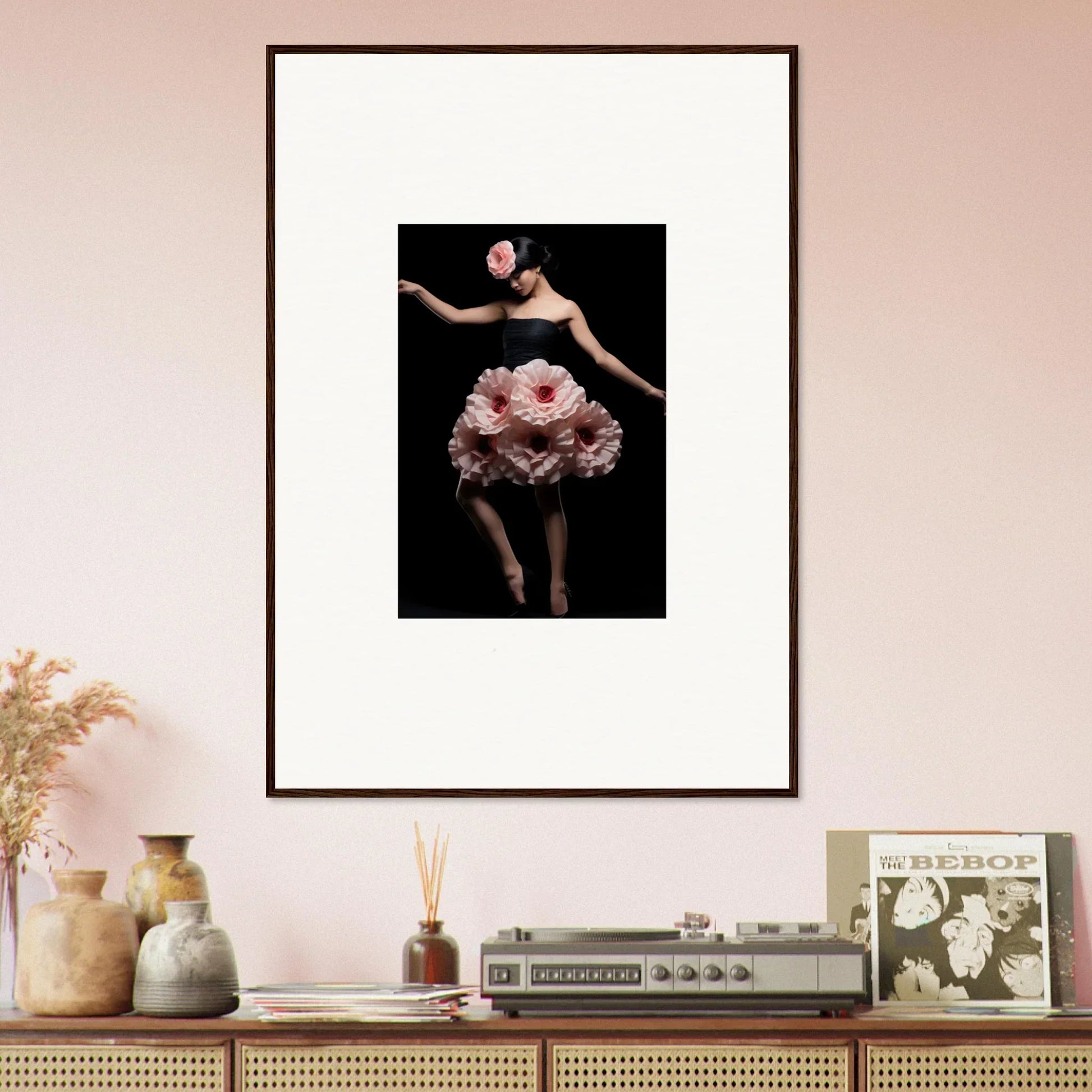 Framed wall art of a person in a floral skirt, perfect for room decor and Reverie Wrapped