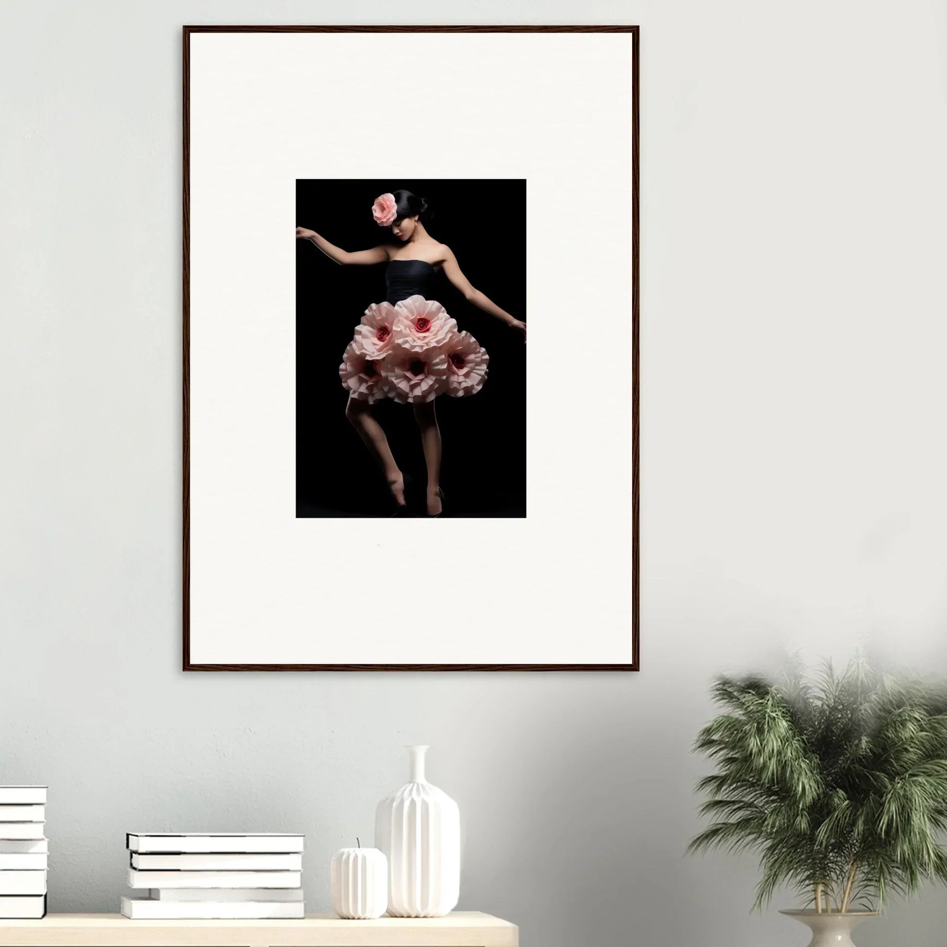 Framed wall art of a dancer in a pink floral skirt for elegant room decor