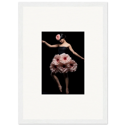 Dancer in pink flower petal skirt showcasing Floral Reverie Wrapped wall art decor