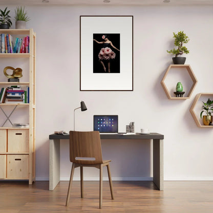 Modern home office with desk, chair, and Floral Reverie Wrapped wall art decor