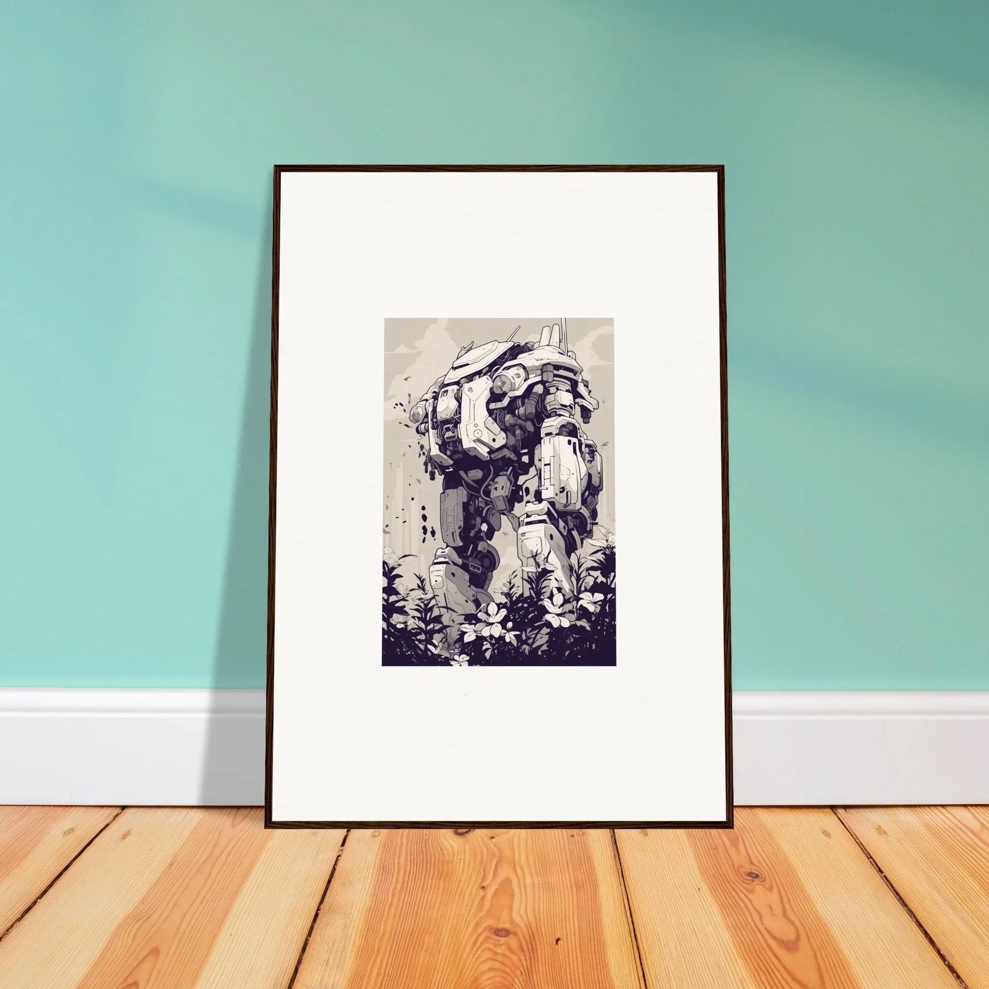 Framed black and white abstract humanoid figure artwork for elegant room decor