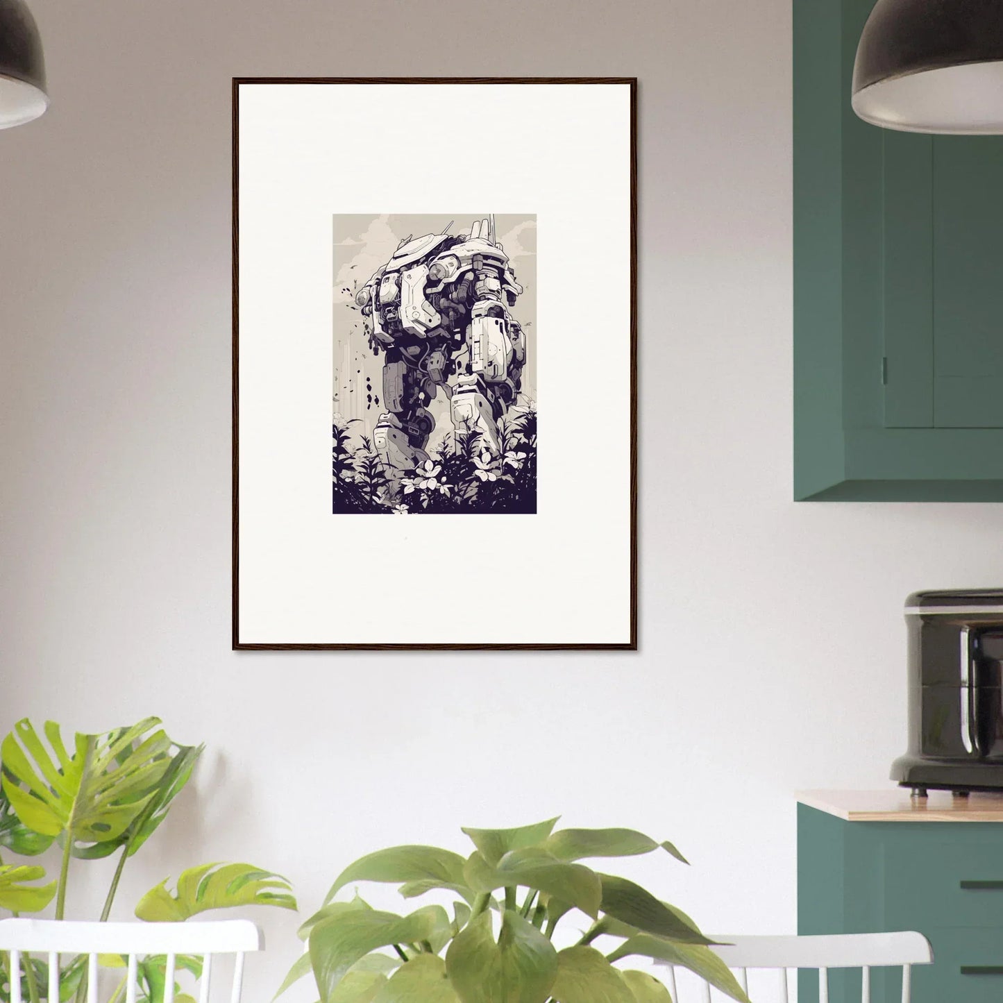 Framed wall art of a figure in a diving suit, a unique Steel Harbinger room decor piece