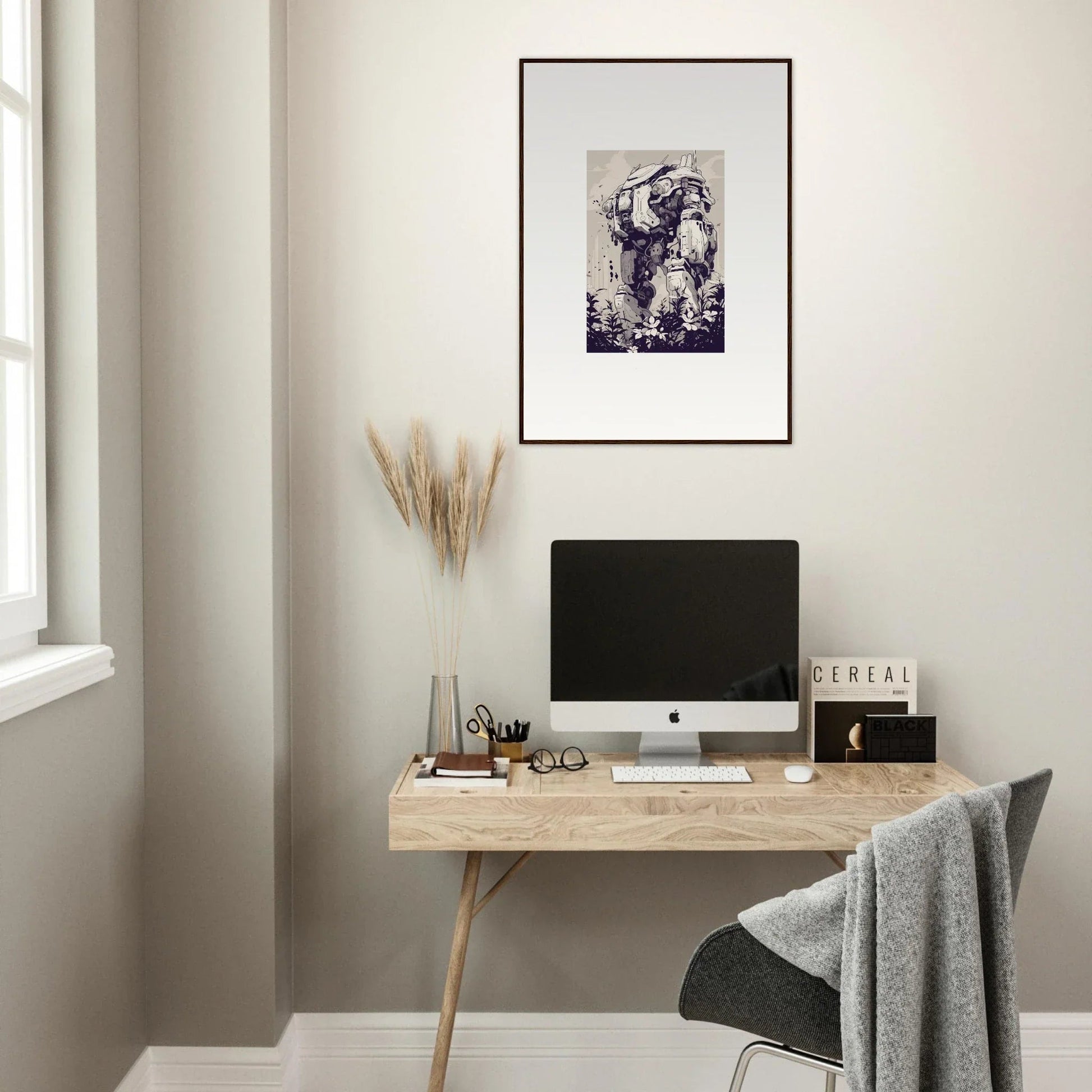 Minimalist wooden desk with computer monitor and decorative accessories for stylish room decor