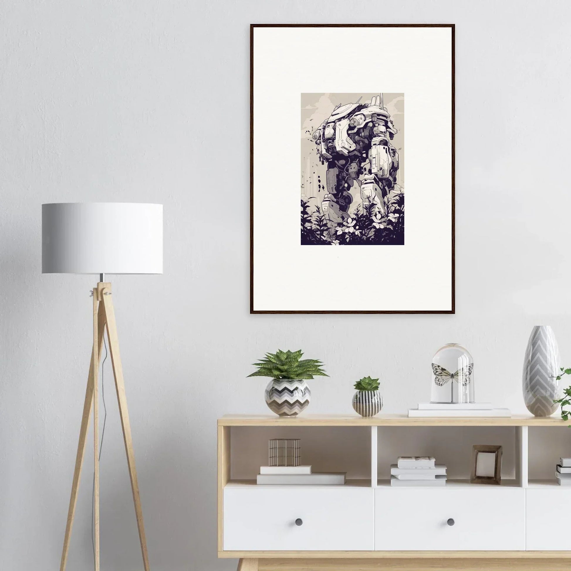 Framed black and white astronaut art, perfect for Steel Harbinger room decor