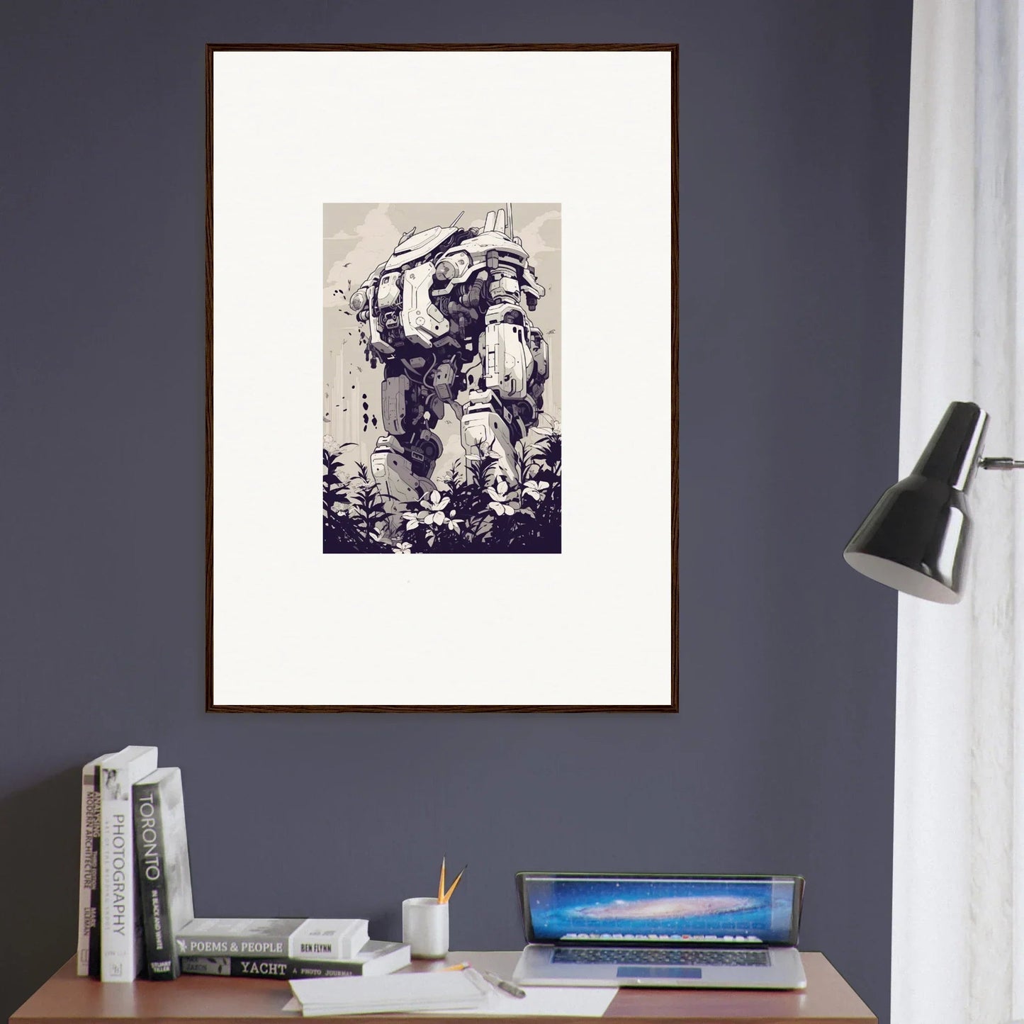 Framed black and white artwork of a steel harbinger robotic figure for room decor