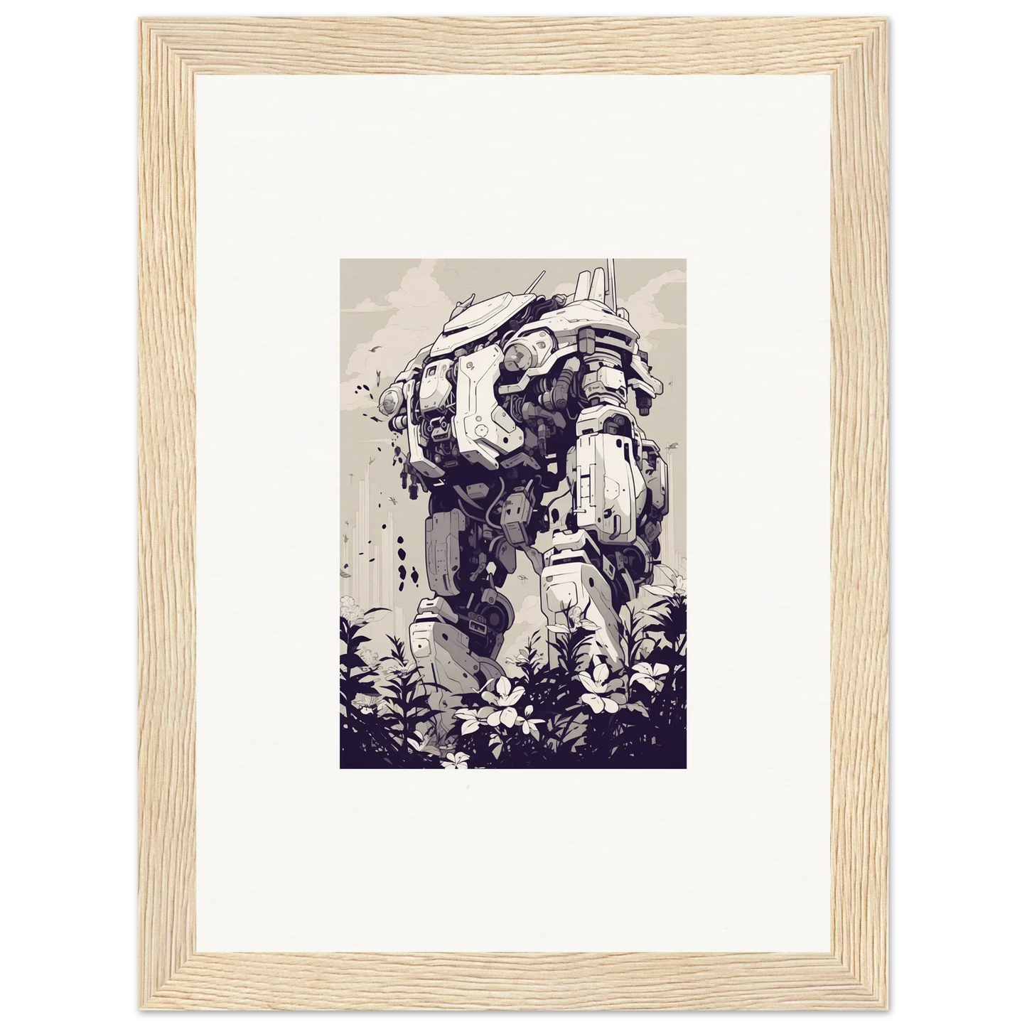 Stylized Steel Harbinger robotic figure as striking room decor and framed wall art