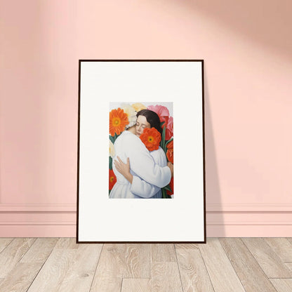 Framed Floral Synapse artwork of two people embracing with a floral backdrop