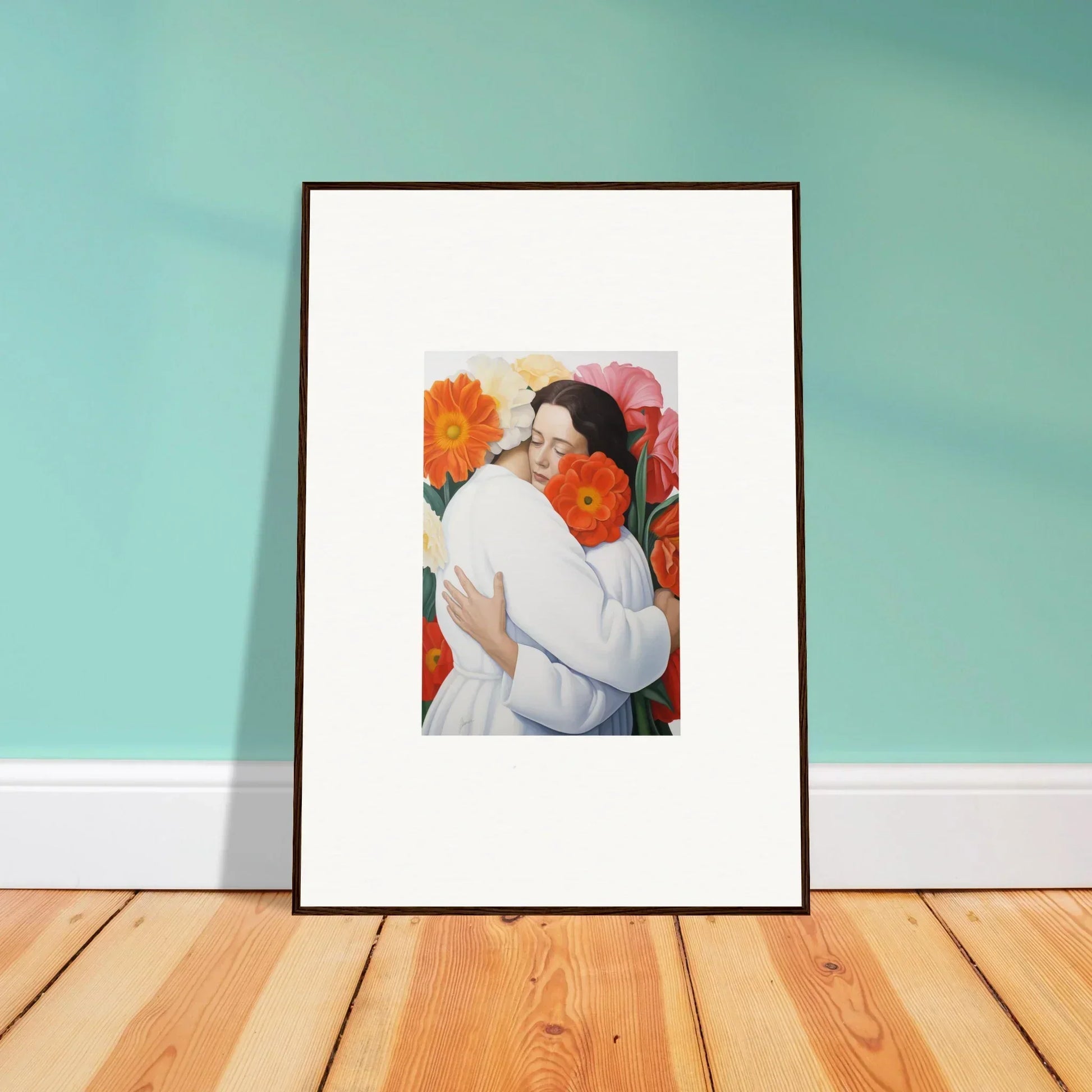 Framed artwork of an embrace on floral background from Floral Synapse, Special Edition Art