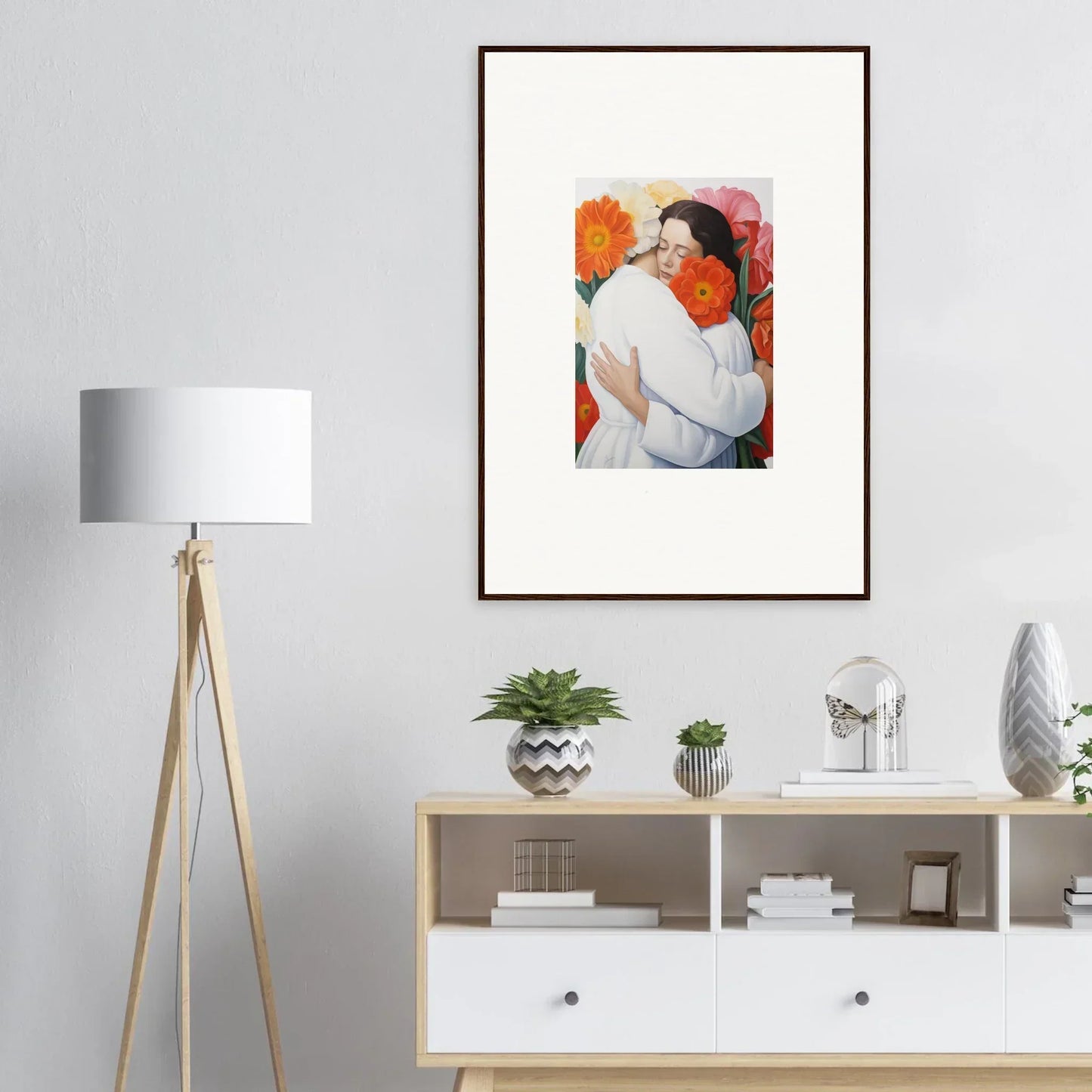 Framed Floral Synapse artwork of an intimate embrace in warm orange and white tones