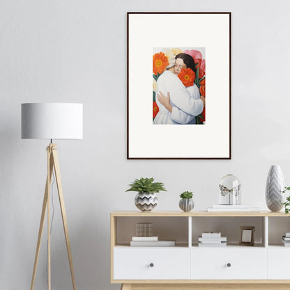 Framed Floral Synapse artwork of an intimate embrace in warm orange and white tones