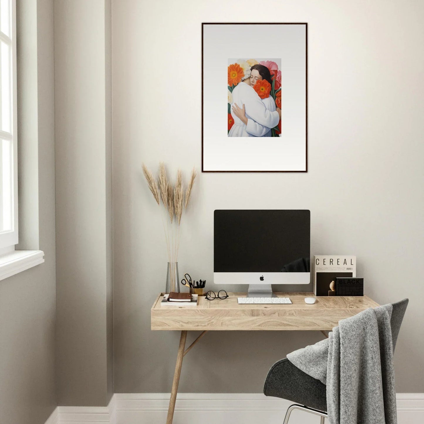 Simple wooden desk with iMac and pampas grass, perfect for Floral Synapse vibe