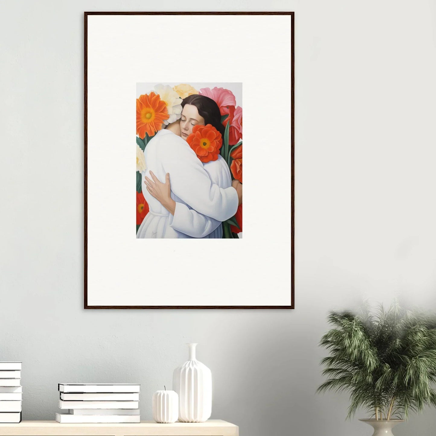 Framed artwork of a tender embrace with vibrant orange flowers in Floral Synapse