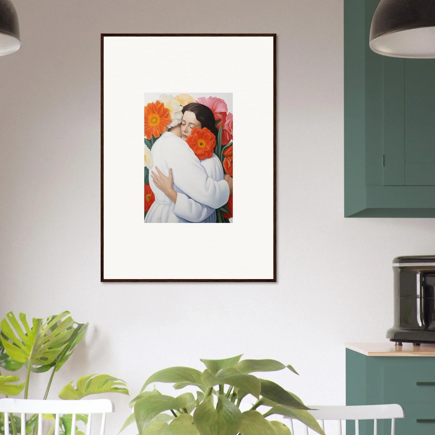 Framed artwork of two figures against vibrant flowers, perfect for Floral Synapse